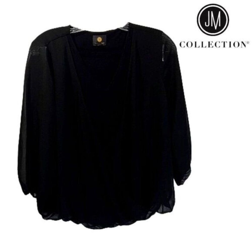 JM Collection Women's V-neckline Mesh Trim Long Sleeves Pullover Blouse‎